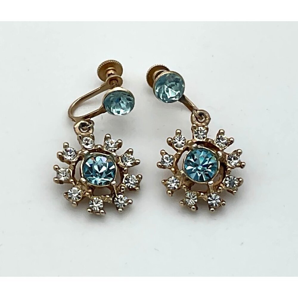 Aqua & White Rhinestone Floral Screw Back Vintage 50s Earrings Gold-Tone
